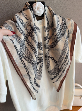 老钱风锁链棉麻围巾女70方巾通勤百搭两面可戴柔软亲肤护颈披肩