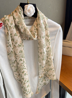 春波绿枝叶长条丝巾女围巾田园百搭装饰领巾防晒护颈飘带春夏新款