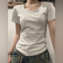 美式短袖白色内搭t恤女夏季修身辣妹短款紧身正肩上衣设计感小众