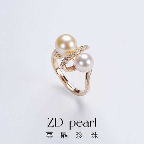 尊鼎珍珠-S925银海水中国南珠白珠+羽皇金色双珠戒指7-9mm-ZD
