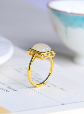 天然和田白玉方戒银镶活口食指戒