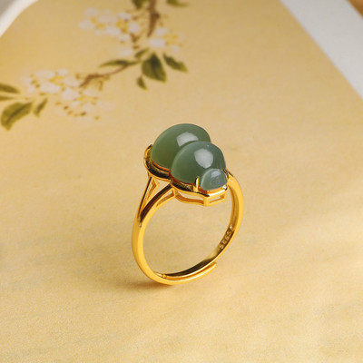 和田青玉戒指女S925银镀金指环