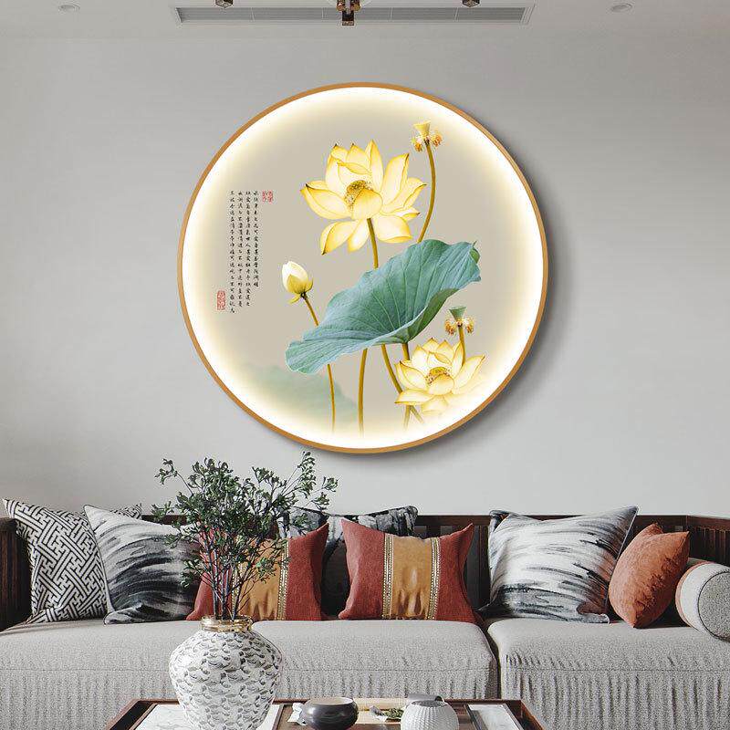 新中式金色荷花带灯装饰画茶室餐厅圆形壁画客厅玄关走廊莲花挂画