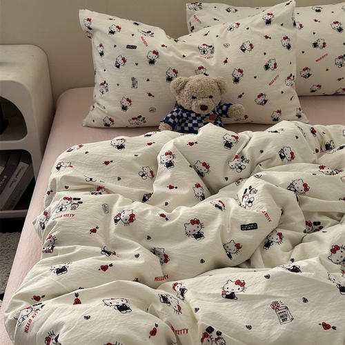 全棉纯棉奶油少女ins卡通可爱KT猫软糯水洗棉四件套学生床单学生