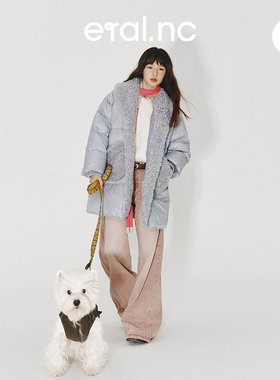 eral  nc中长款羽绒服女秋冬2024设计感仿羊羔毛拼接鸭绒加厚外套