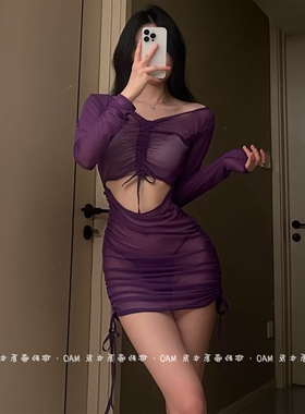 热长袖性感显瘦网纱纯欲轻熟透视紫色包臀睡裙女连衣裙