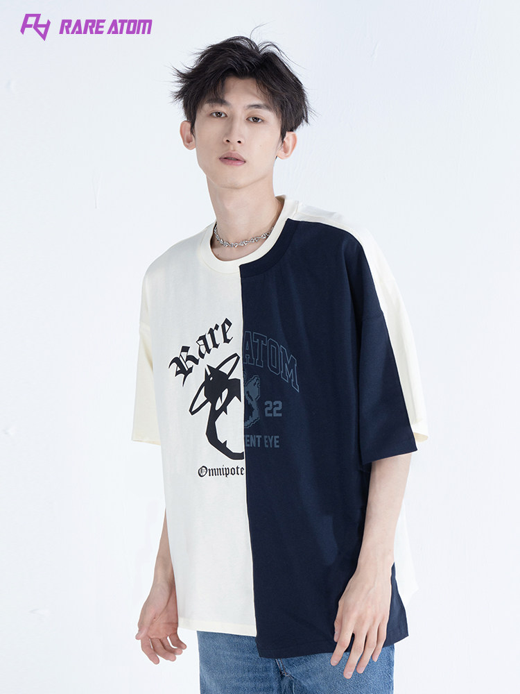 rare atom官方情侣款撞色拼接短袖t恤潮牌字母不对称设计感半袖男
