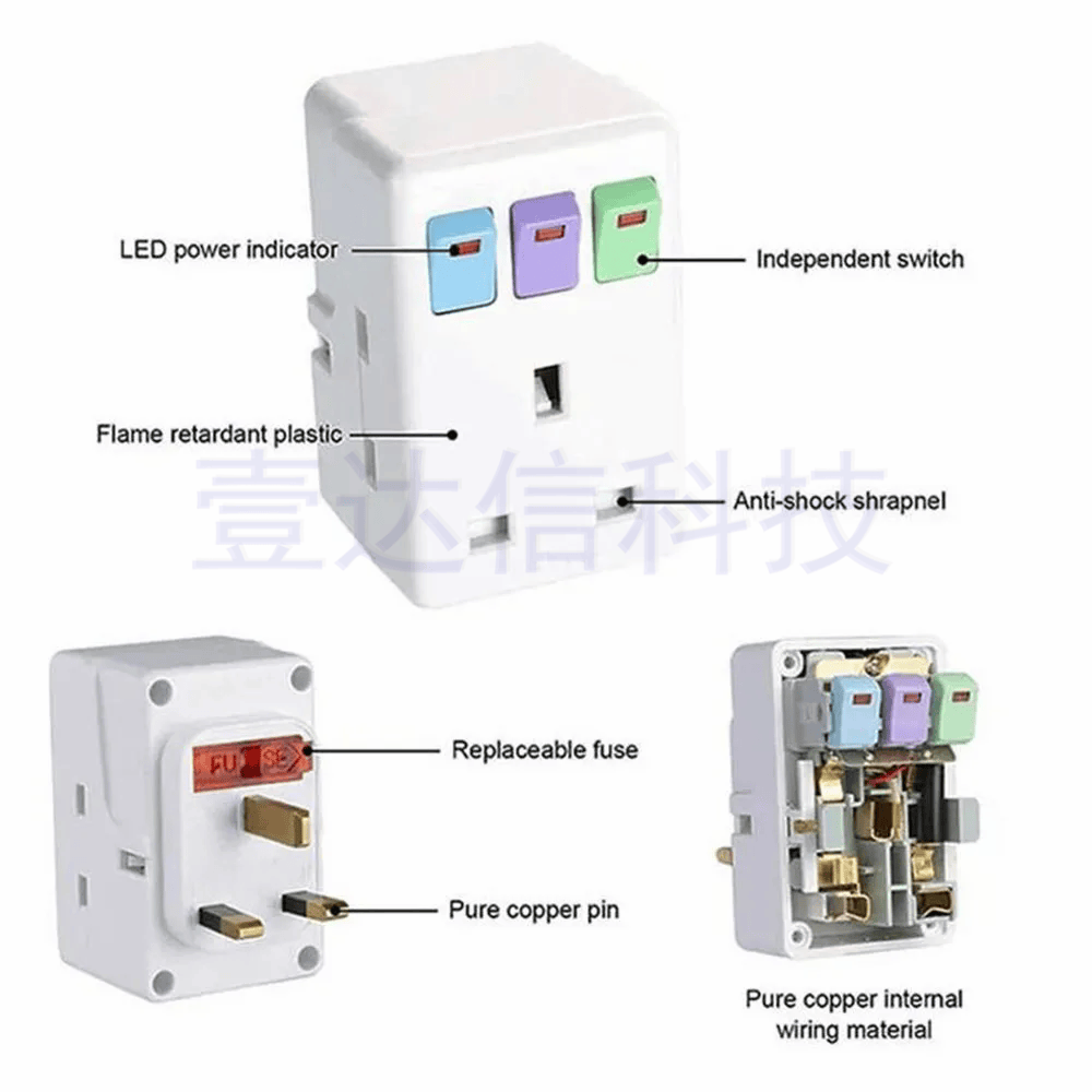 英规3位带开关插座一转三BS插头
