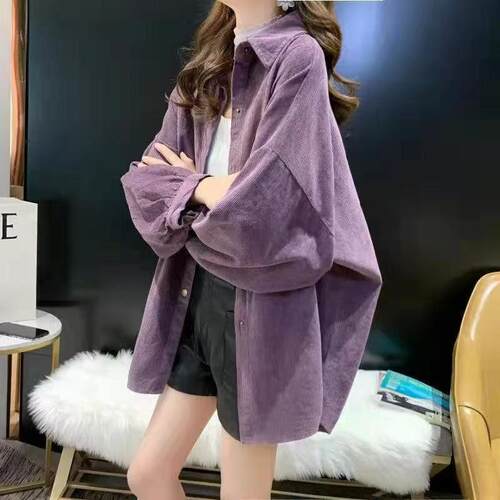 中长款灯芯绒衬衫女春秋新款宽松百搭慵懒风衬衣长袖休闲外套上衣