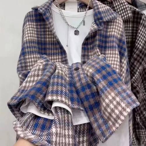 格子磨毛衬衫外套女2024年春秋季新品韩版宽松复古百搭显瘦衬衣潮