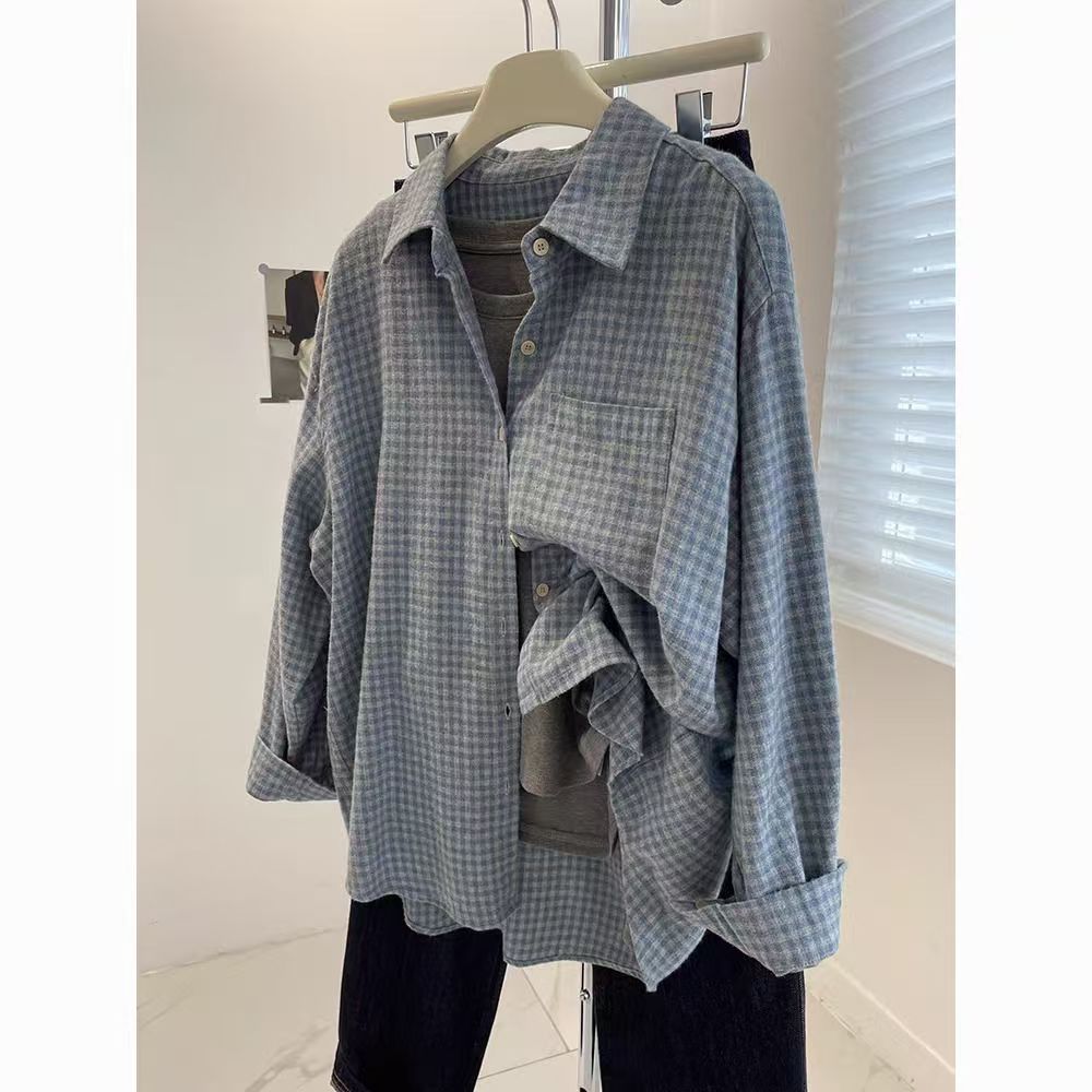 韩版复古磨毛蓝色格子长袖衬衫女2025早秋新款宽松慵懒风外搭上衣