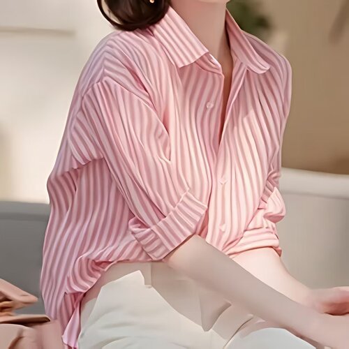 粉色衬衫女新款法式上衣宽松翻领绝美高级粉色气质长袖条纹衬衫潮