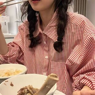 春秋季日系软妹可爱polo领格子长袖衬衫女学生韩版宽松百搭学院风