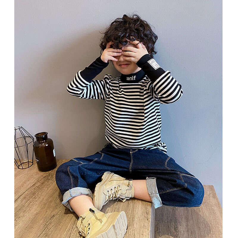 童装男女童条纹春秋新款打底衫秋冬中半高领一体加绒T恤保暖上衣,童装/婴儿装/亲子装,T恤,淘宝优惠券,粉丝福利购,淘宝优惠卷