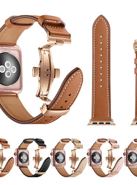 适用苹果iwatch7表带6代新款seies 7代applewatch6牛皮s7金属扣1/2/3/4/5/SE真皮44mm腕带蝴蝶扣男女款