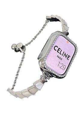 适用苹果手表S7/8表带天然贝壳applewatch细款金属伸缩链iwatch6SE5时尚潮流替换表带