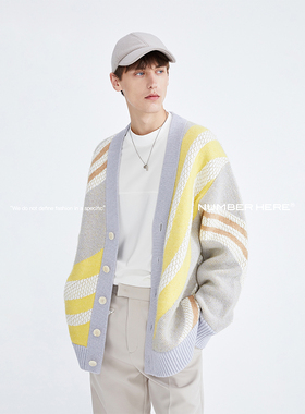NUMBER HERE旋转撞色毛织开衫设计师款毛衣潮BF风针织衫NH14M120