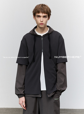 NUMBER HERE 日本进口肌理面料假两件连帽卫衣开衫男小众设计外套