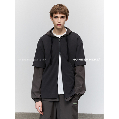 NUMBER HERE 日本进口肌理面料假两件连帽卫衣开衫男小众设计外套