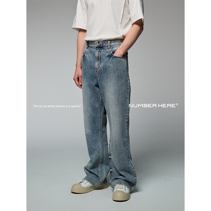NUMBER HERE重水洗工艺微喇叭口版型宽松修饰腿型休闲牛仔长裤男