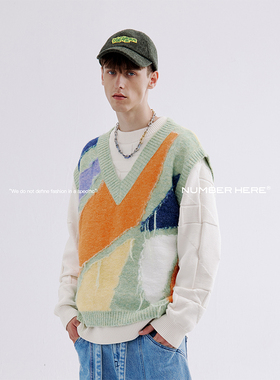 NUMBER HERE 春秋季绵羊毛七巧板嵌花针织马甲毛衣针织衫NH24M152