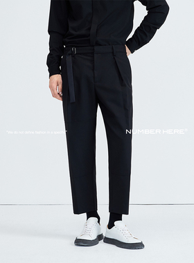 NUMBER HERE男装春季新款日字扣调节黑色休闲九分裤NH13K400