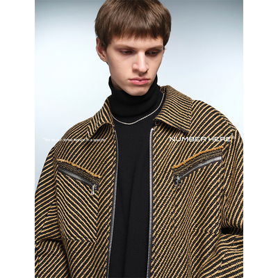 NUMBER HERE羊毛混纺条纹斜纹拼接夹克外套男23400113001