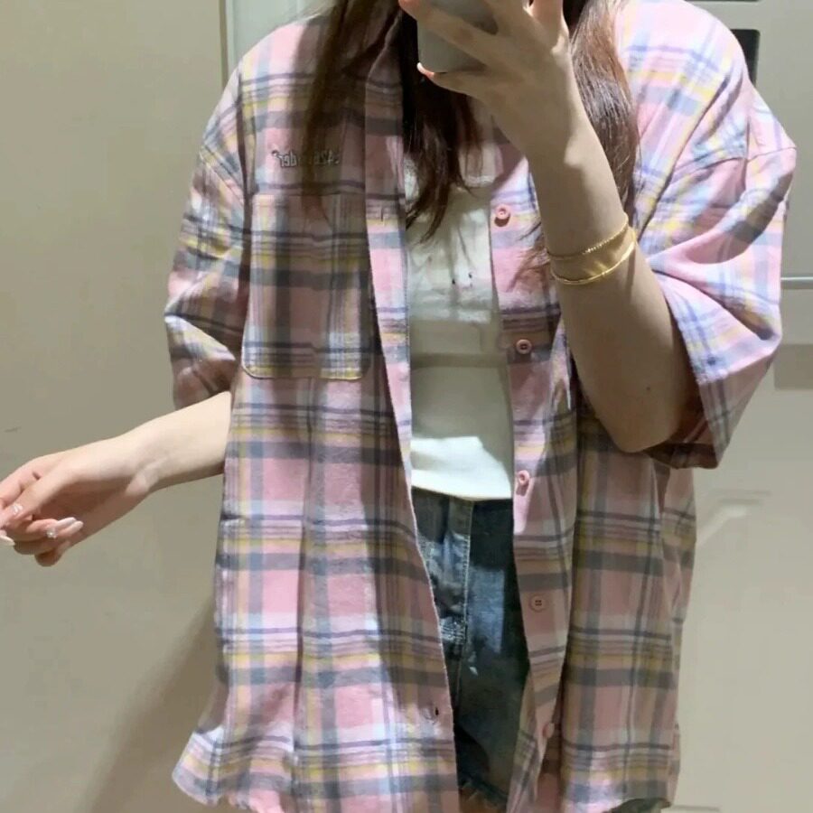美式复古粉色格子衬衫女款秋季高级设计感小众小个子休闲短袖外套