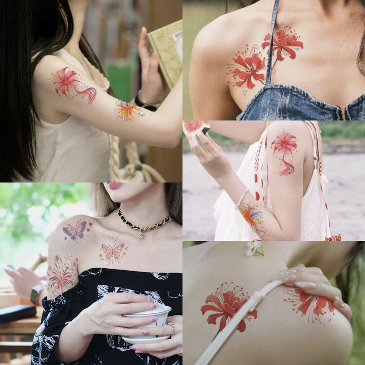 (拍一发五张)彼岸花烟花ins彩色纹身贴防水女持久不反光高级感
