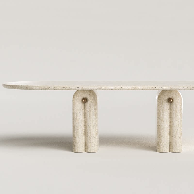 天然洞石餐桌中古现代简约意式极简天然大理石椭圆餐桌复古诧寂风