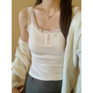 蕾丝花边白色吊带带胸垫内搭外穿纯欲上衣女夏美背文胸一体背心