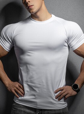 新款男士运动休闲跑步健身房锻炼力量训练弹力速干纯色短袖T恤