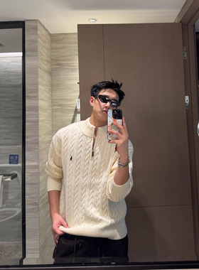 AUTICUP美式复古小马刺绣立领拉链加厚半拉链麻花浮雕立体毛衣冬