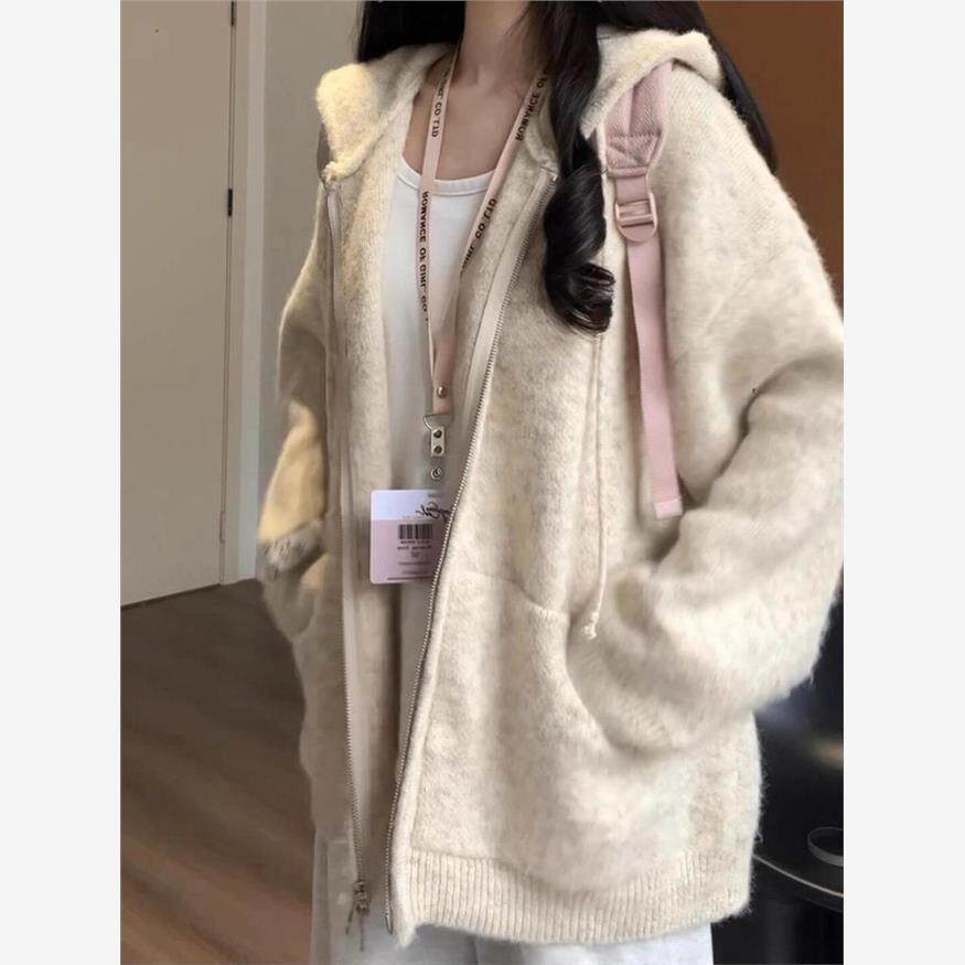 慵懒感软糯连帽针织卫衣开衫女秋冬松弛感外搭宽松韩系毛衣外套潮