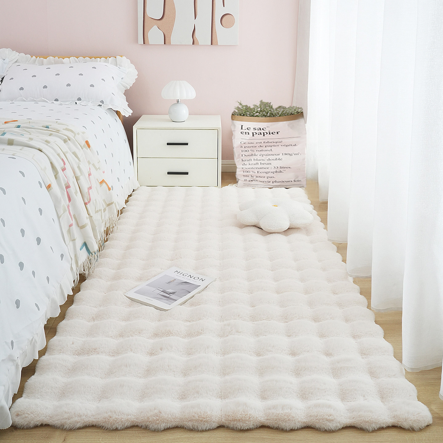 奶油风兔毛绒地毯米白纯色高级感地垫卧室加厚泡泡绒床边毯可机洗