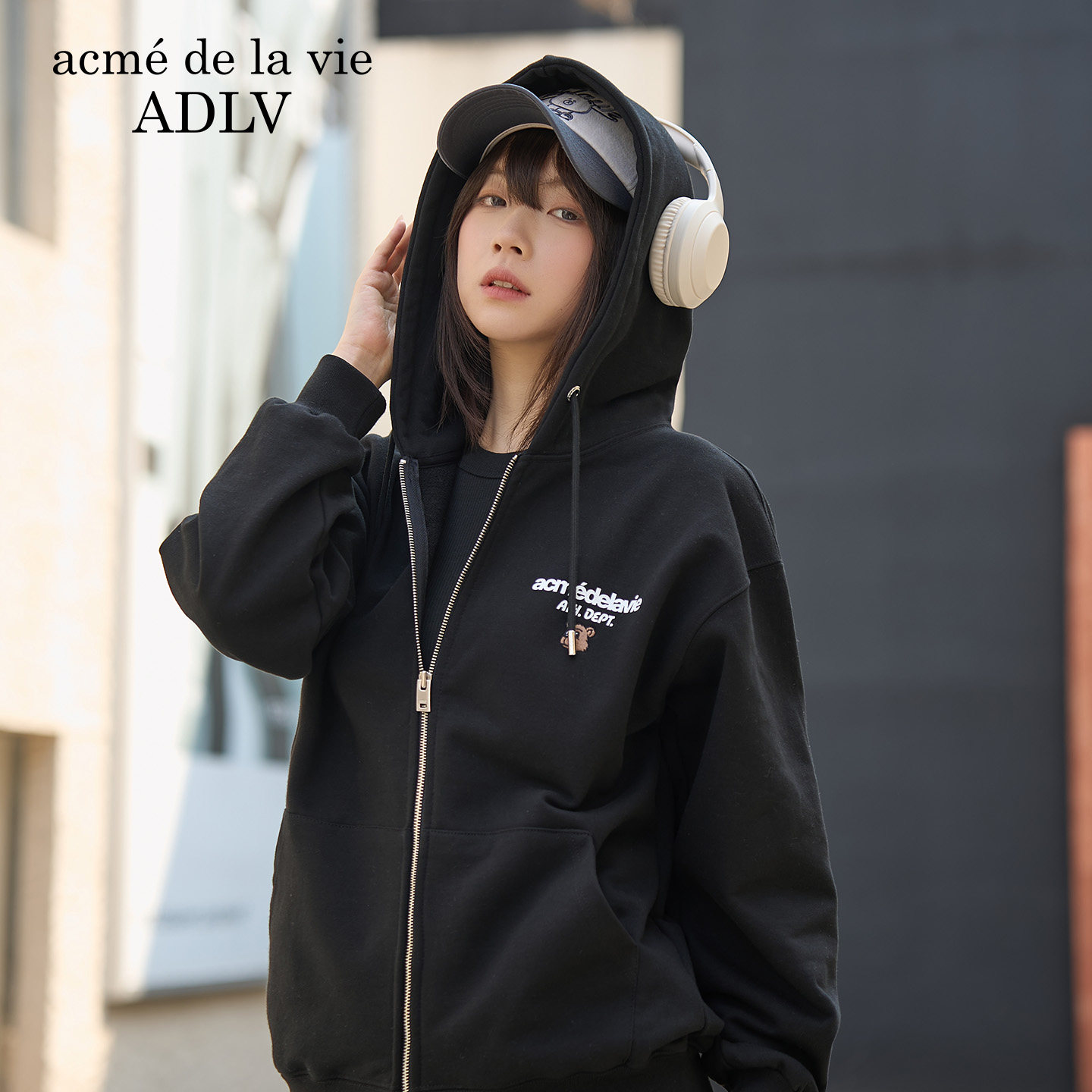 ADLV黑色连帽卫衣26年新款男女宽松拉链字母印花外套休闲潮酷上衣