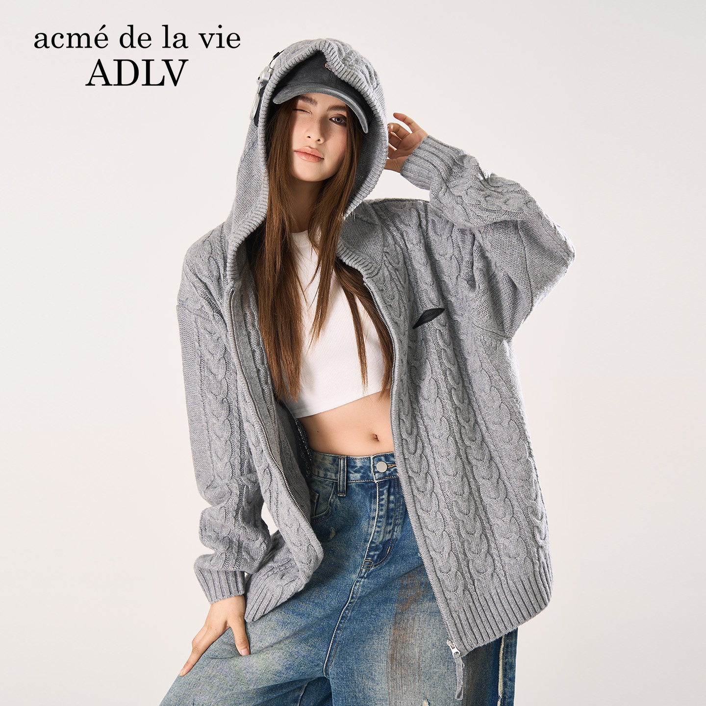 ADLV扭花针织拉链连帽衫25年秋冬季新款外套简约毛衣外套男女上衣