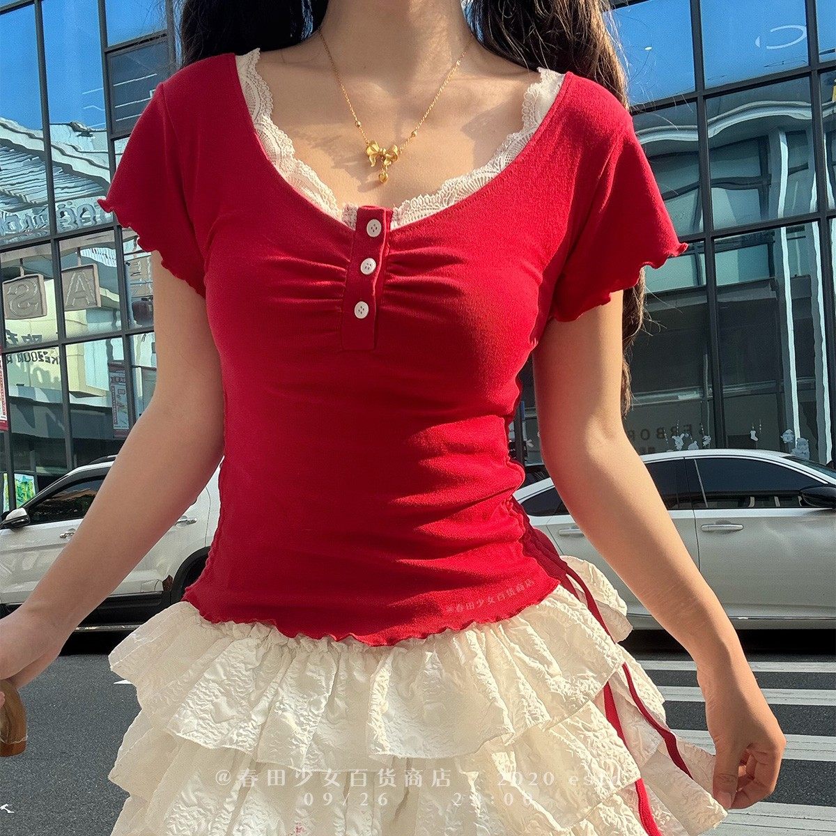 春田花园红色短袖针织衫上衣春夏图片
