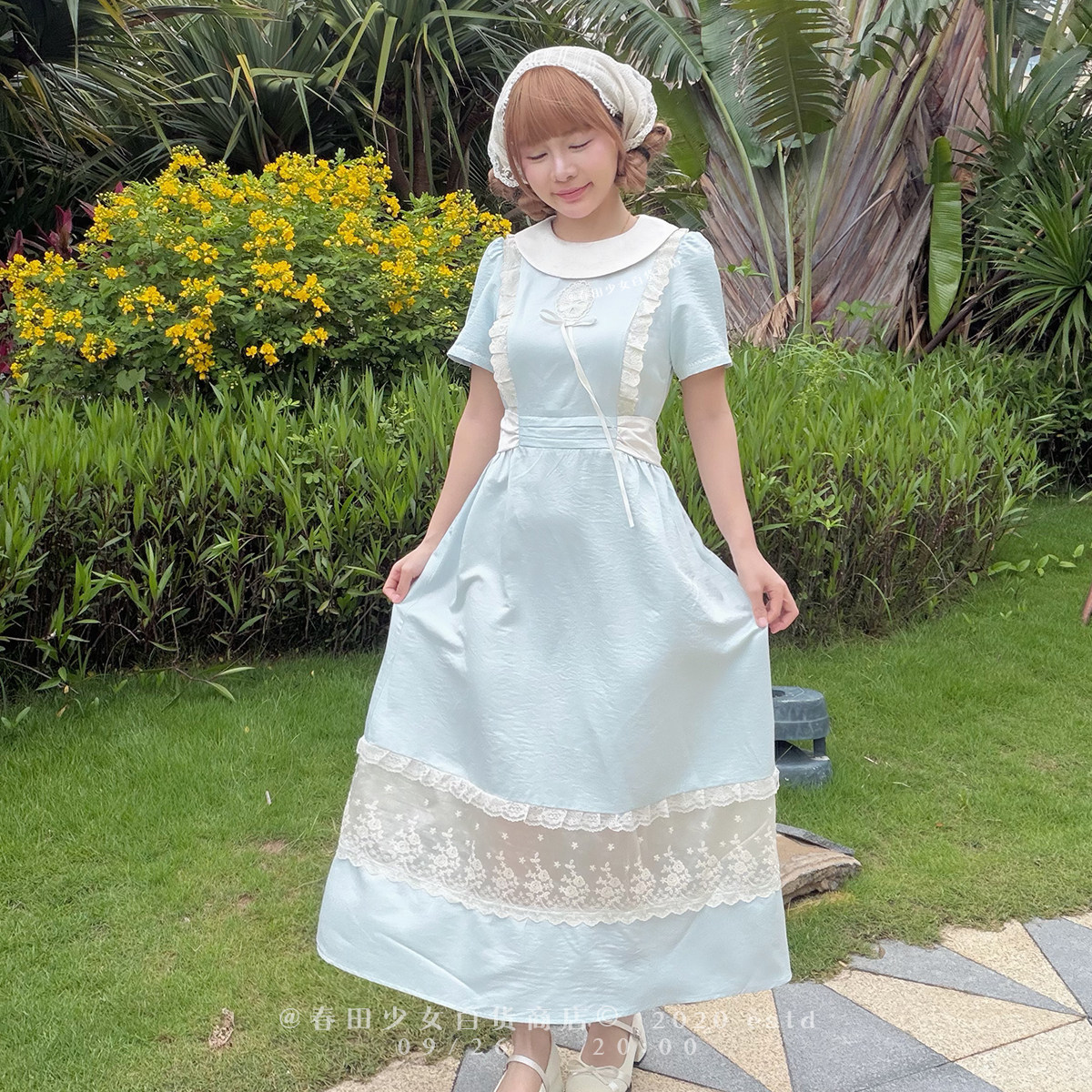 春田少女油画甜茶长款夏天蓝色连衣裙漂亮裙子