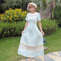 春田少女油画甜茶长款夏天蓝色连衣裙漂亮裙子