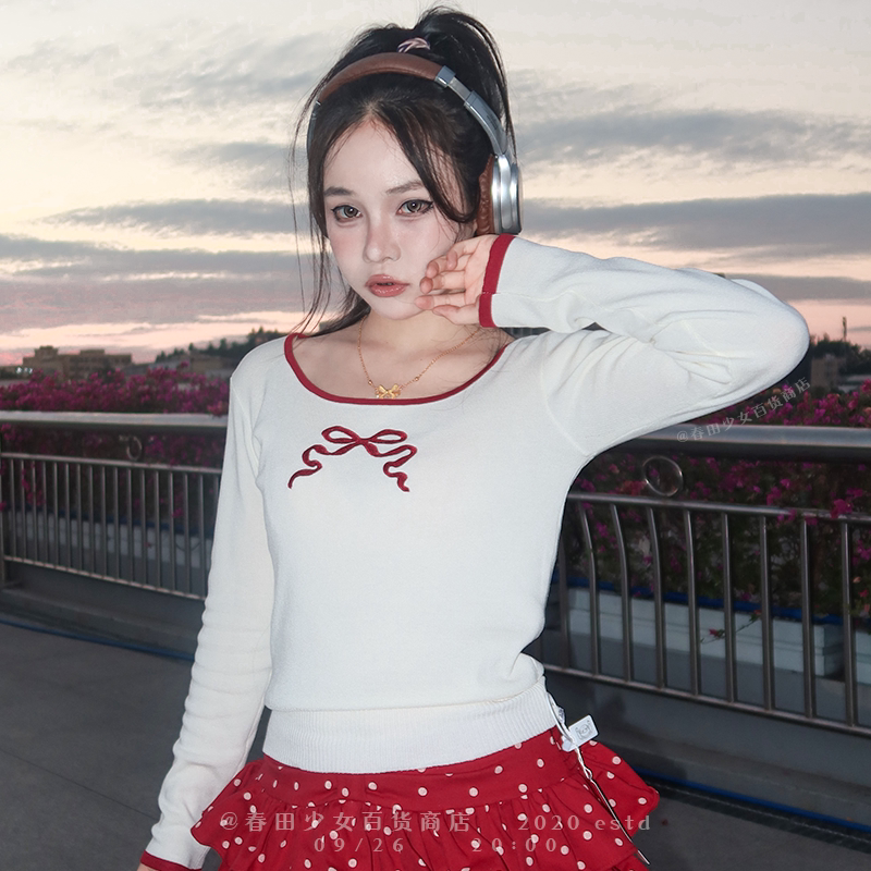 春田少女日系甜美蝴蝶结针织衫