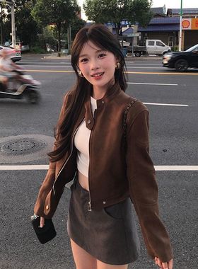 烟汀傍晚 美式复古风设计感仿麂皮美拉德风短款外套辣妹短裙套装