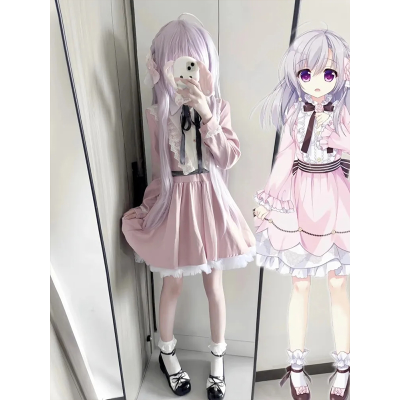 日系甜美粉色长袖连衣裙女秋季新款设计感蕾丝拼接收腰显瘦短裙子