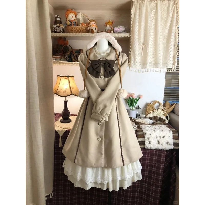 日系甜美学院风外套2025秋冬新款可爱蝴蝶结娃娃领收腰毛呢大衣女