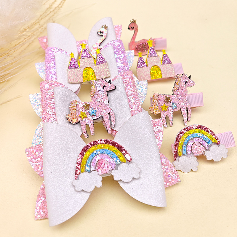 儿童发夹闪粉格利特发卡 宝宝蝴蝶结刘海边夹 城堡天鹅彩虹全包夹