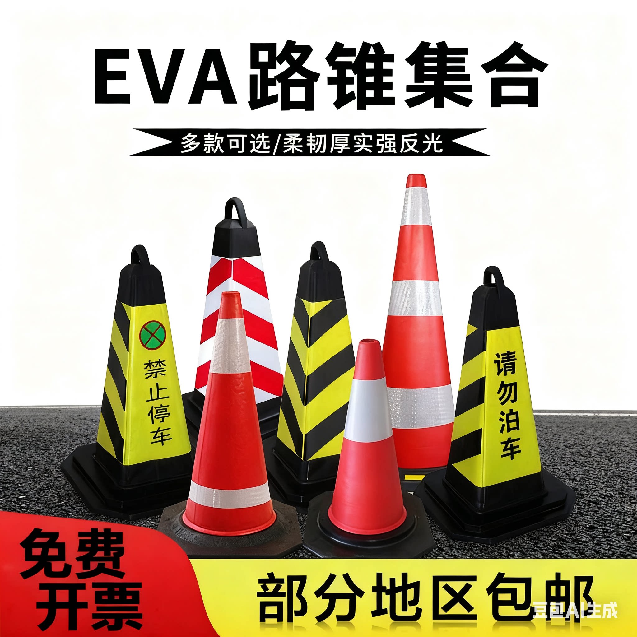 70CM橡胶路锥EVA反光路锥圆锥方锥雪糕桶安全警示柱PVC塑料路锥
