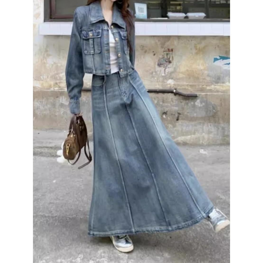 复古气质牛仔套装女夏季2025新款宽松显瘦长袖外套大摆长裙两件套