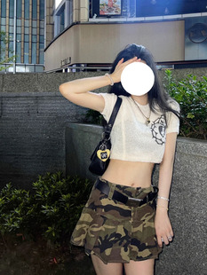 美式校园风a型新款甜辣妹低腰百搭半身个性迷彩百褶牛仔超短裙子