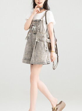 背带牛仔裤夏季复古美式宽松薄款阔腿短裤子显高显瘦百搭潮ins