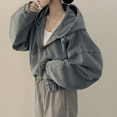 上衣 复古宽松休闲百搭拉链设计感连帽外搭长袖 短款 牛仔外套女时尚
